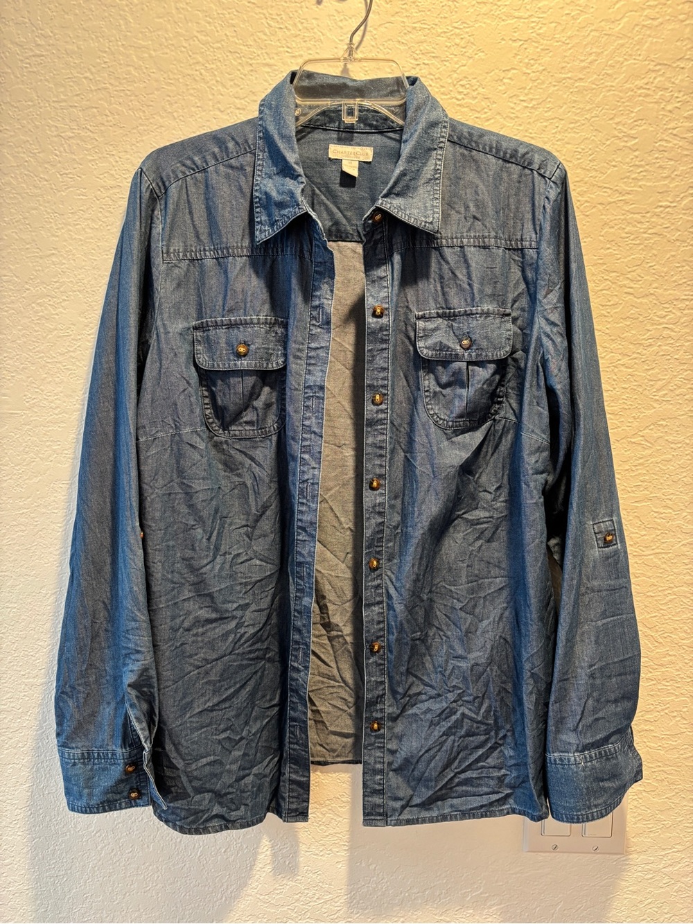Charter Club Denim Cotton Button Down Shirt Blue 14